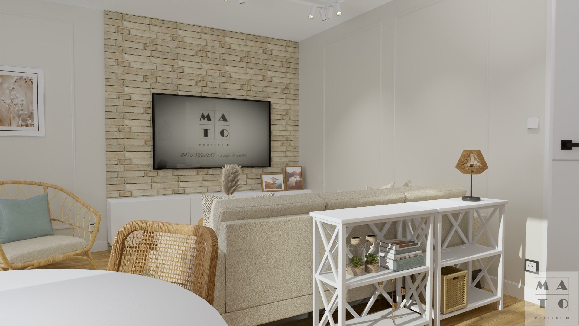 Wizualizacja salonu z ceglaną ścianą, rattanowymi krzesłami i białą konsolą z dekoracjami, oświetlenie punktowe.