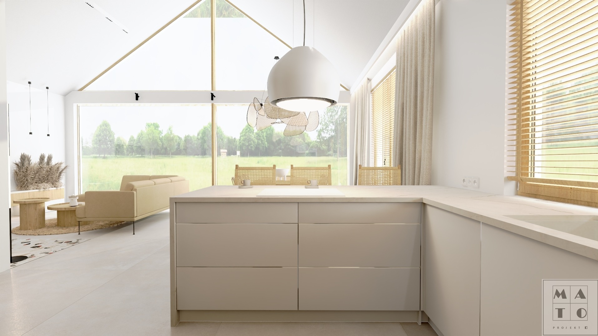 Jasna, minimalistyczna kuchnia z wyspą kuchenną, widok na salon i ogród przez duże okno z drewnianą ramą, designerska lampa wisząca i drewniane żaluzje.