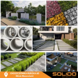 Kompozycja zdjęć prezentujących różnorodne elementy architektury krajobrazu: nowoczesne ogrodzenie z zielenią, paleta kolorowych kruszyw, betonowe rury, podjazd z płytami i trawą, oraz aranżacja...