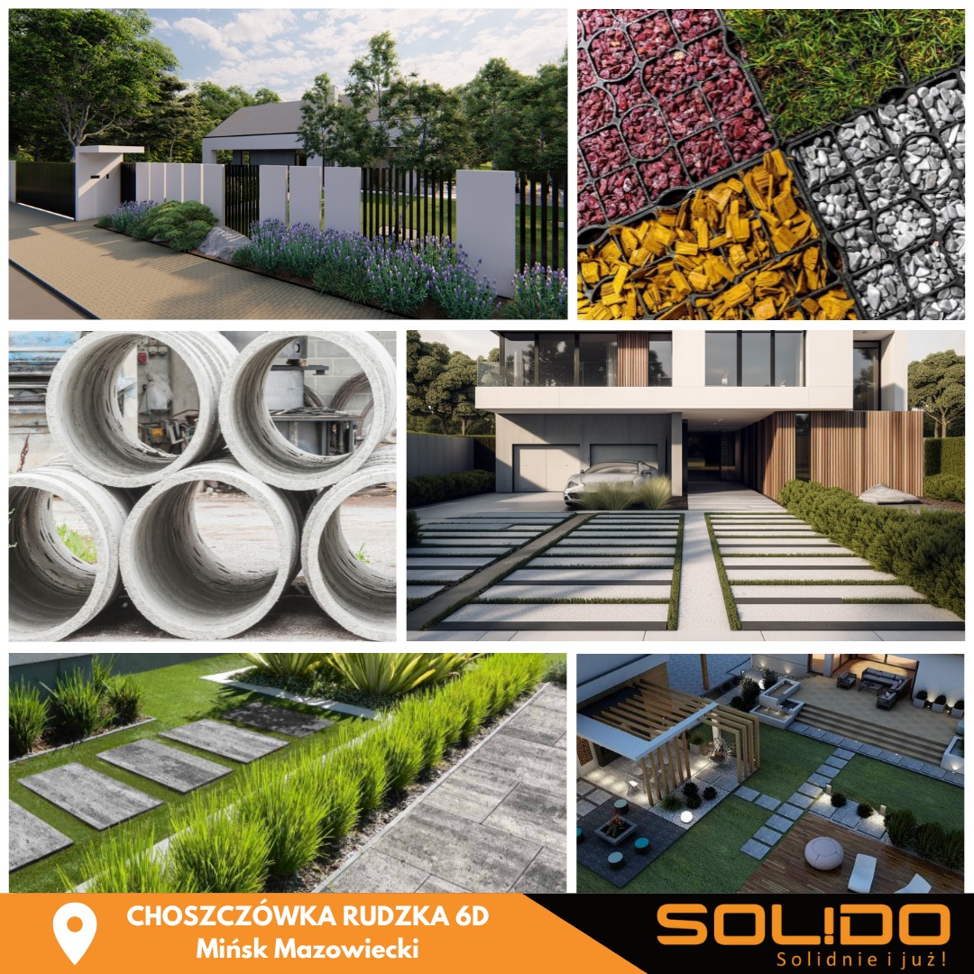 Kompozycja zdjęć prezentujących różnorodne elementy architektury krajobrazu: nowoczesne ogrodzenie z zielenią, paleta kolorowych kruszyw, betonowe rury, podjazd z płytami i trawą, oraz aranżacja...