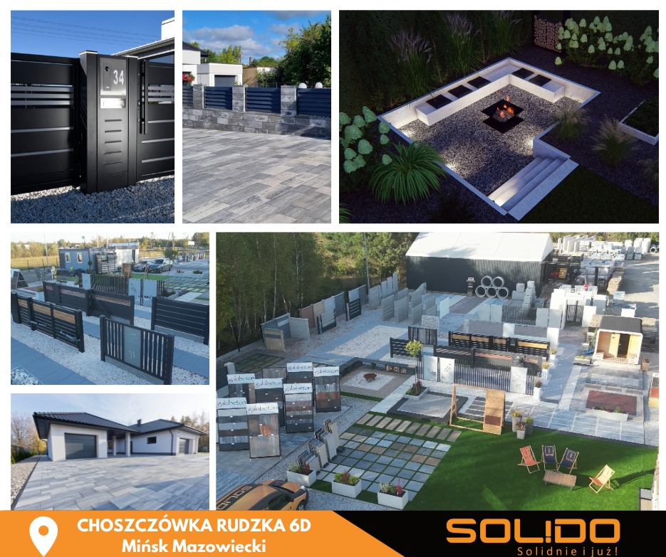 Kompozycja zdjęć prezentująca elementy architektury krajobrazu: nowoczesne ogrodzenie z numerem domu, fragment ogrodzenia z kostką brukową, aranżacja ogniska z siedziskami, ekspozycja ogrodzeń...