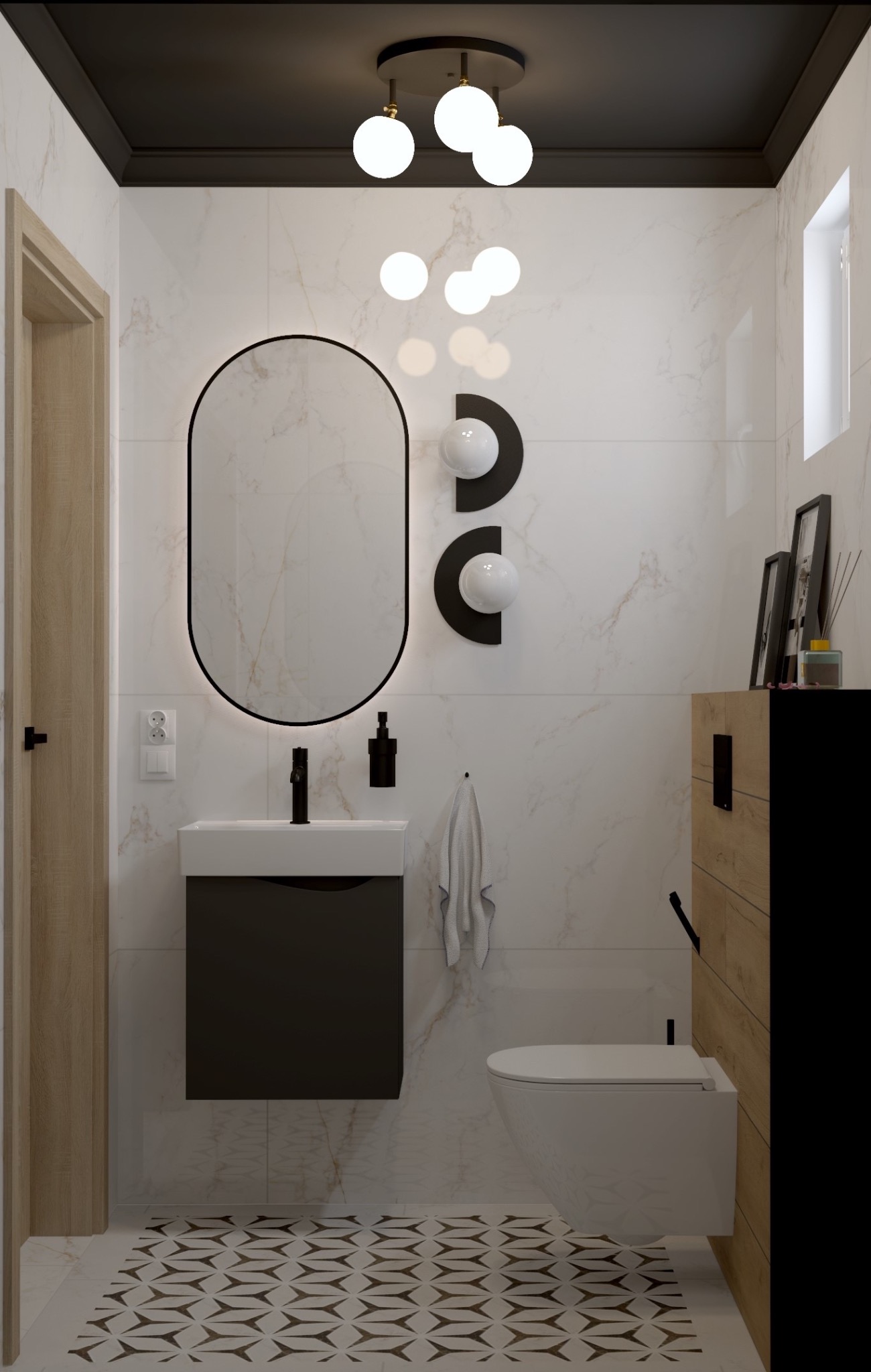 Nowoczesna łazienka z białymi marmurowymi płytkami, czarnym sufitem i oświetleniem kulkowym, wisząca szafka z umywalką, owalne lustro z podświetleniem LED i toaleta podwieszana.