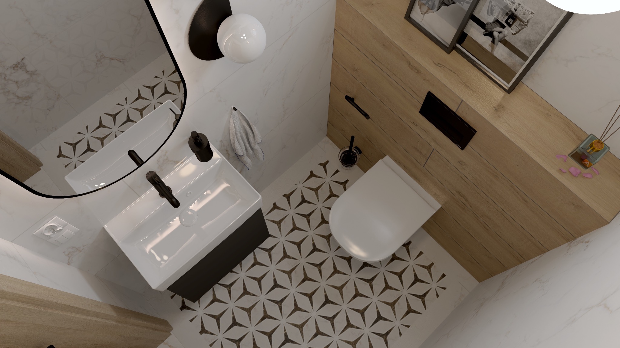Nowoczesna łazienka z białą umywalką nablatową, czarną armaturą i lustrem, toaletą oraz drewnianą zabudową z dekoracjami, widok z góry.