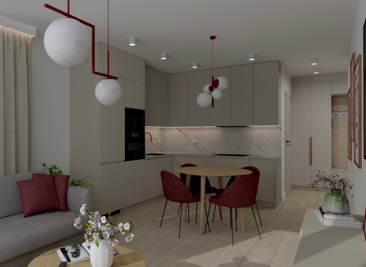 Wizualizacja wnętrza: kuchnia z jadalnią w odcieniach szarości z akcentami bordo, okrągły stół z krzesłami, nowoczesne oświetlenie, marmurowy backsplash.