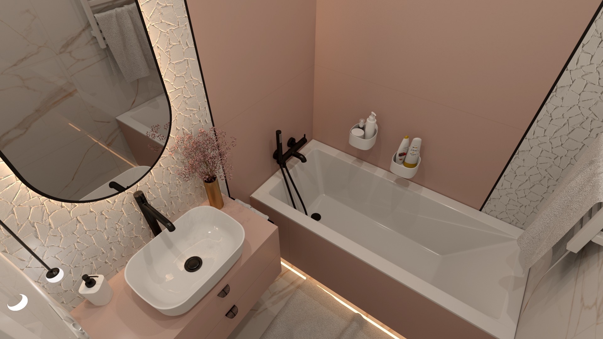 Wizualizacja łazienki z umywalką nablatową, czarną armaturą i wanną, utrzymana w różowej kolorystyce z akcentami złota i białych mozaik.