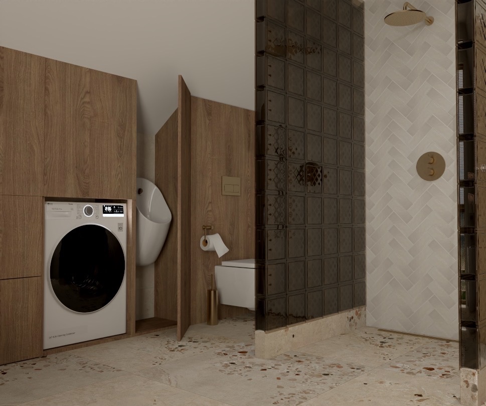 Nowoczesna łazienka z pralką w zabudowie, pisuarem i kabiną prysznicową z czarną, kwadratową mozaiką oraz białą armaturą na podłodze z terazzo.