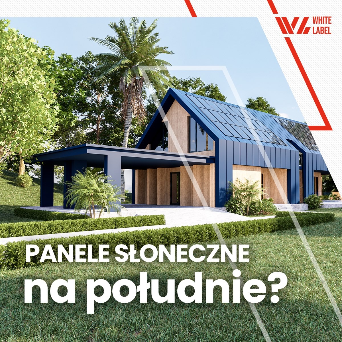 Wizualizacja domu jednorodzinnego z panelami słonecznymi na dachu, nowoczesna architektura z elementami drewna i niebieskiego metalu, tropikalna roślinność w tle, pytanie 'Panele słoneczne...