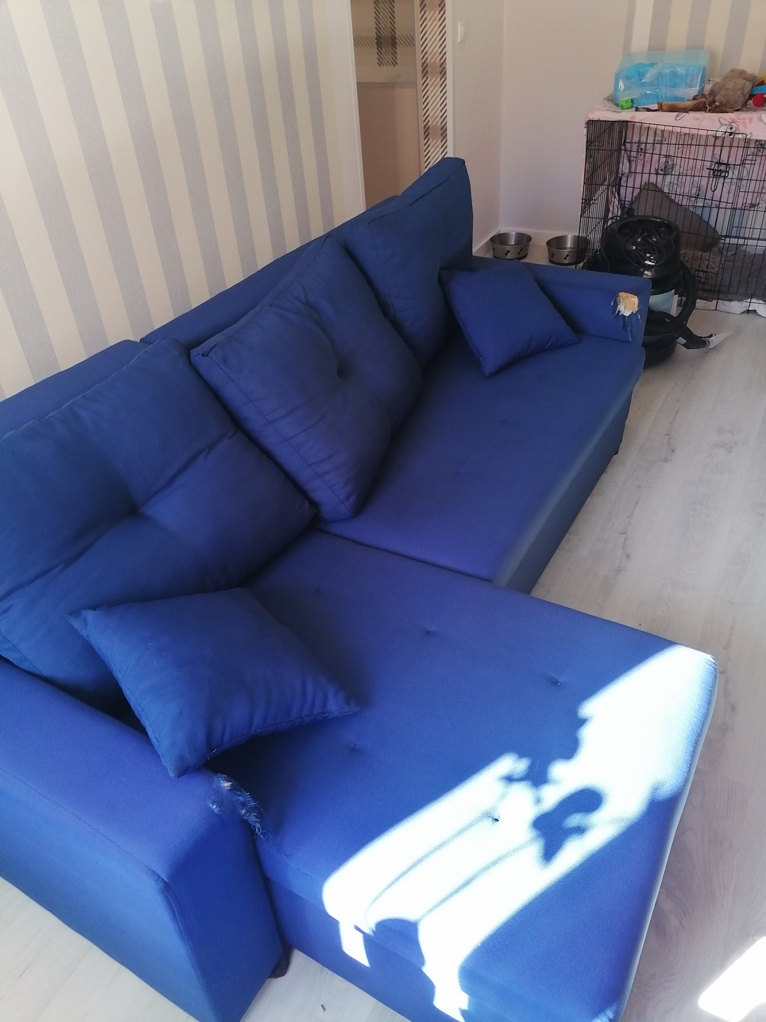 Narożna kanapa w odcieniach niebieskiego z widocznym uszkodzeniem tapicerki na boku, w tle klatka dla zwierząt i miski.
