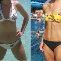 Porównanie sylwetek: kobieta w bikini w wodzie (przed) i wysportowana kobieta przy basenie (po), ukazujące efekty treningu i diety.
