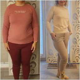 TRAINPRO SPÓŁKA Z OGRANICZONĄ ODPOWIEDZIALNOŚCIĄ - Zdjęcie typu 'przed i po' przedstawia metamorfozę sylwetki kobiety, prezentując efekt diety lub treningu. Po lewej sylwetka przed, po prawej po zmianie.