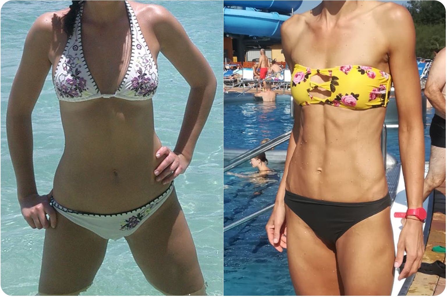 Porównanie sylwetek: kobieta w bikini w wodzie (przed) i wysportowana kobieta przy basenie (po), ukazujące efekty treningu i diety.