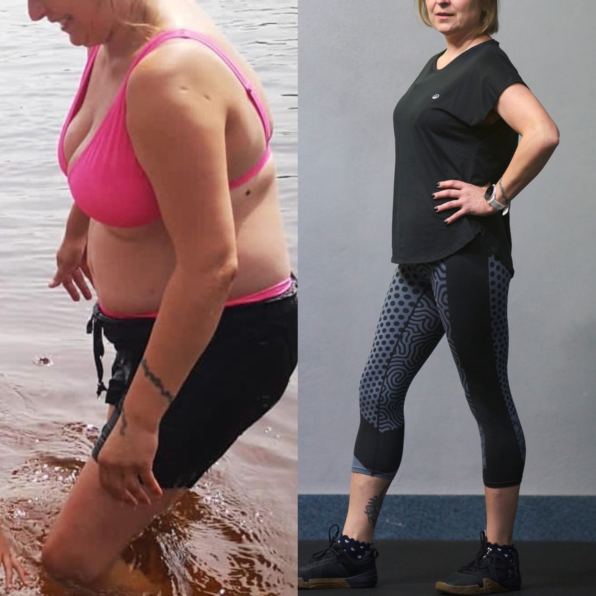 Kobieta przed i po metamorfozie sylwetki. Po lewej w bikini w wodzie, po prawej w sportowym stroju na siłowni. Widoczna zmiana wagi i poprawa kondycji.