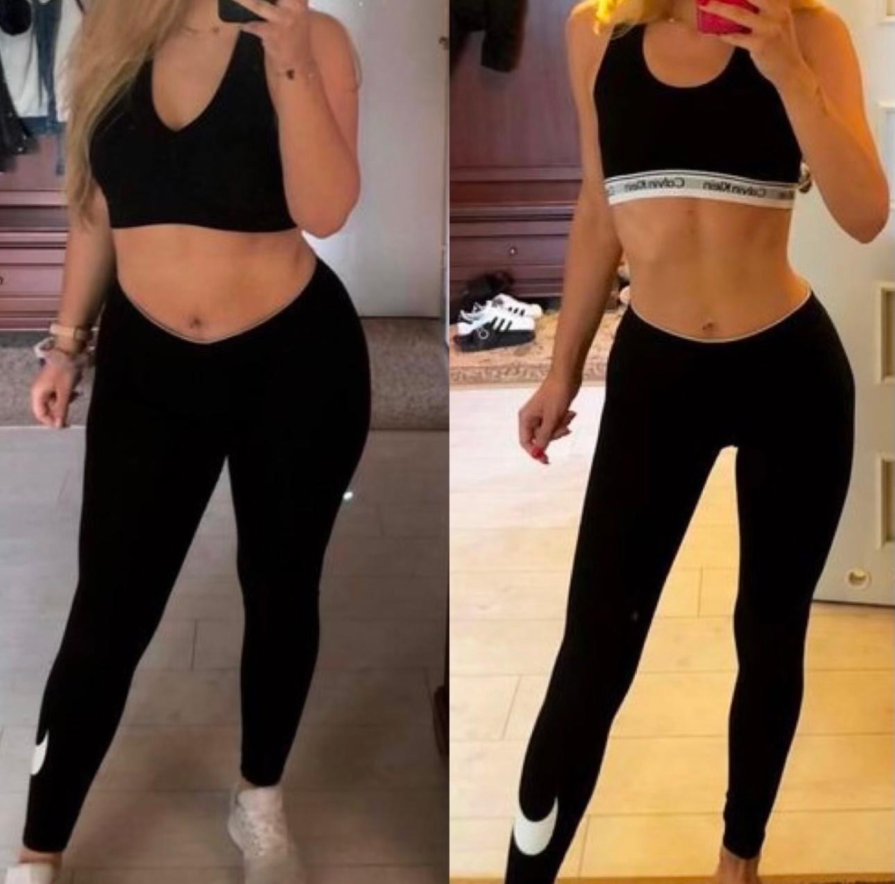 Zdjęcie 'przed i po' kobiety w czarnym sportowym stroju. Widoczna zmiana sylwetki, podkreślona różnicą w ubraniach i postawie. Efekt diety i ćwiczeń.