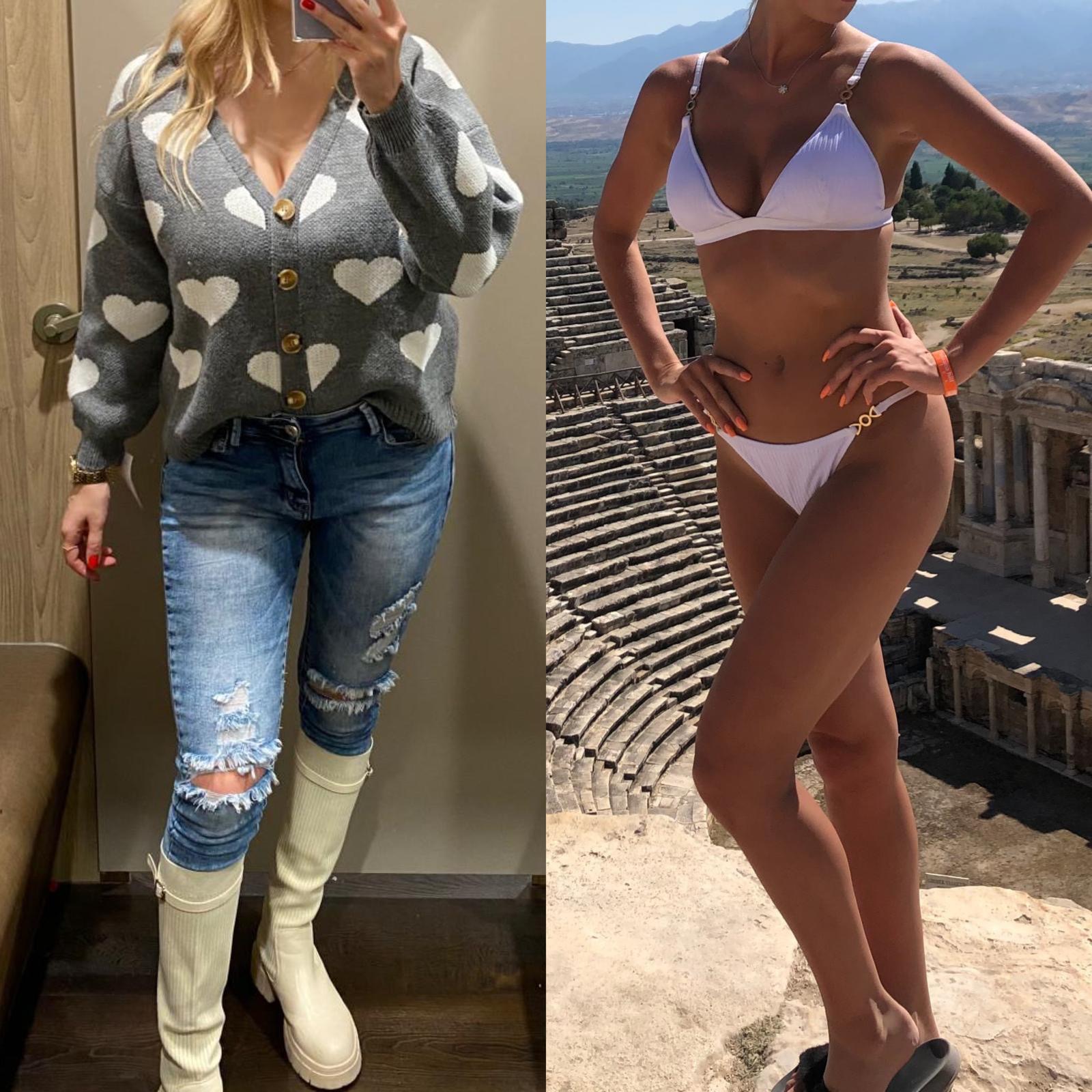 Kolaż: kobieta w swetrze z sercami i jeansach z dziurami, oraz kobieta w białym bikini na tle antycznego amfiteatru. Prezentacja sylwetki.