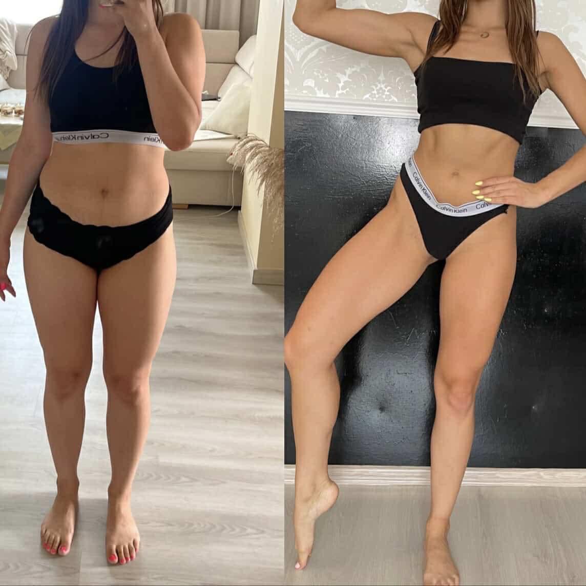 Efekt metamorfozy sylwetki w Gdańsku: zdjęcie 'przed' z delikatnym oświetleniem i 'po' z mocniejszym światłem, ukazujące różnicę w tonacji skóry i budowie ciała.