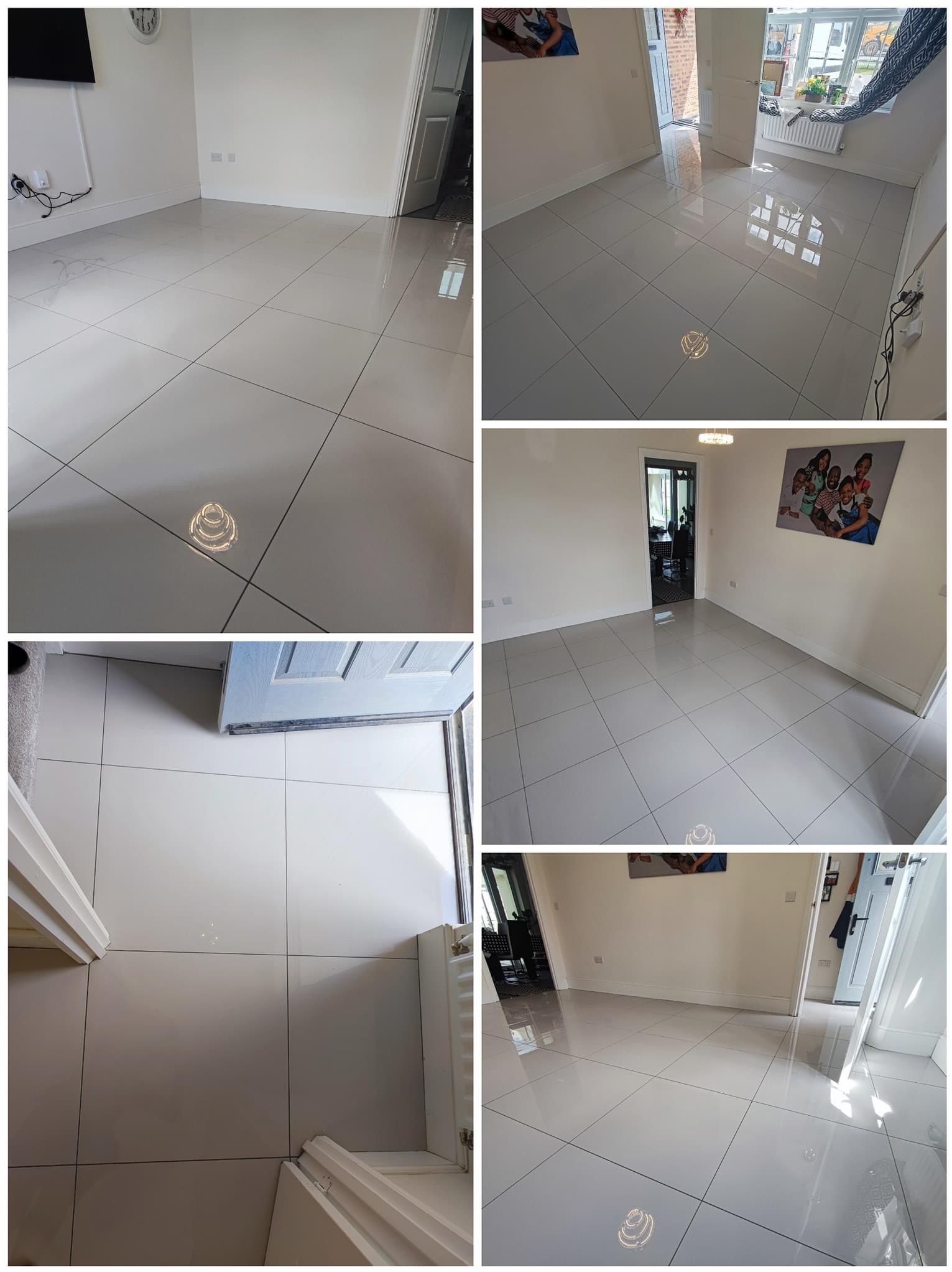 Błyszcząca, jasnoszara podłoga z płytek ceramicznych ułożonych w kwadraty z ciemnoszarą fugą, widok na odnowione wnętrze z białymi ścianami i drzwiami.