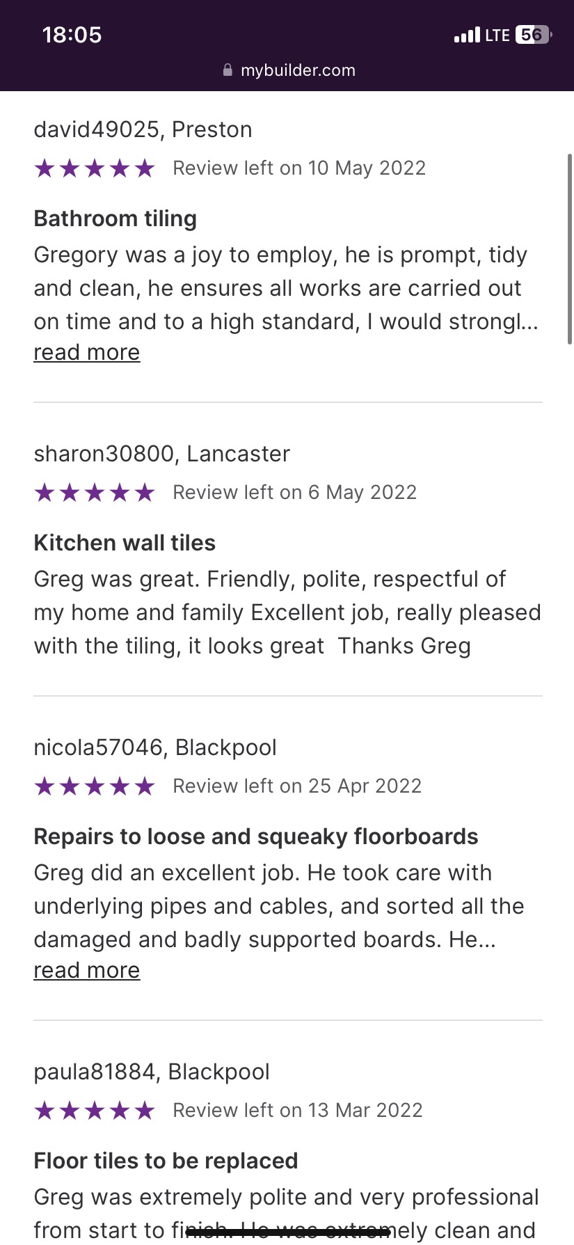 Zrzut ekranu recenzji usług remontowych z portalu MyBuilder.com, zawierający opinie klientów o firmie 'Greg' dotyczące układania płytek w łazience i kuchni, naprawy podłóg oraz wymiany płytek...