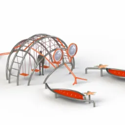 Wizualizacja 3D placu zabaw w kształcie ryby z elementami do wspinaczki, huśtawkami i interaktywnymi panelami, na białym tle.