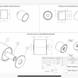 Rzut techniczny 3D rolki napędowej z oznaczeniami wymiarów i schematem złożenia spawania, prezentujący modyfikacje przed i po procesie, zawiera tabelę z listą elementów składowych i ich parametrami.