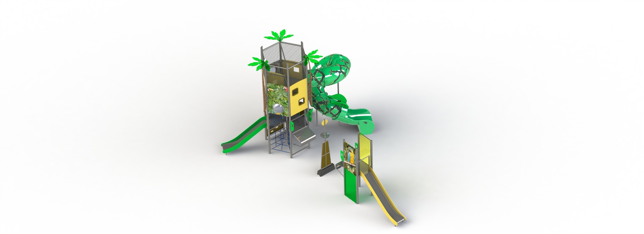 Wizualizacja placu zabaw z wieżą, zjeżdżalniami i elementami dekoracyjnymi w motywie dżungli, prezentowana na białym tle.