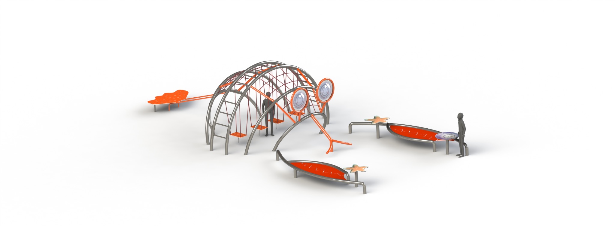 Wizualizacja 3D placu zabaw w kształcie ryby z elementami do wspinaczki, huśtawkami i interaktywnymi panelami, na białym tle.