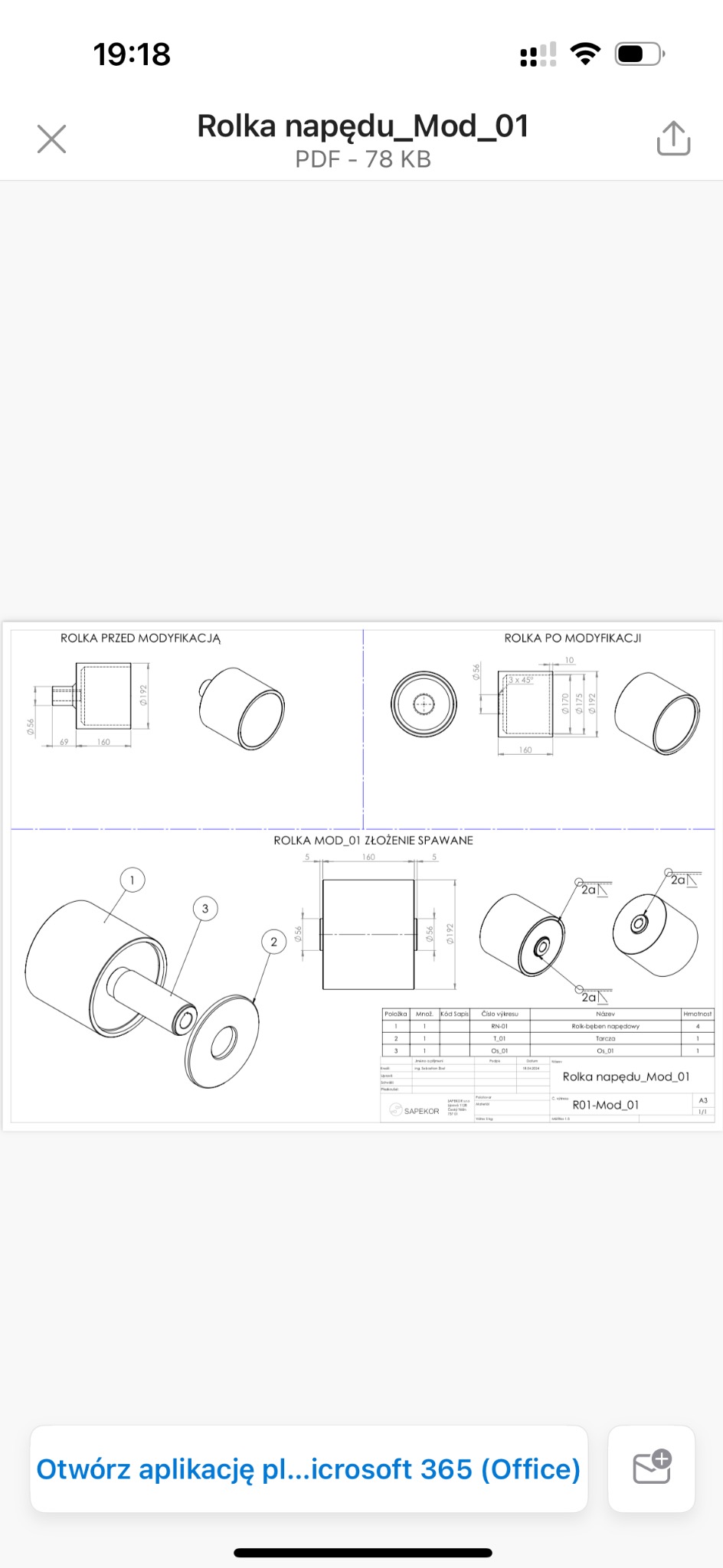 Rysunek techniczny rolki napędowej, prezentujący wersję przed i po modyfikacji, z wymiarami i oznaczeniami elementów składowych.