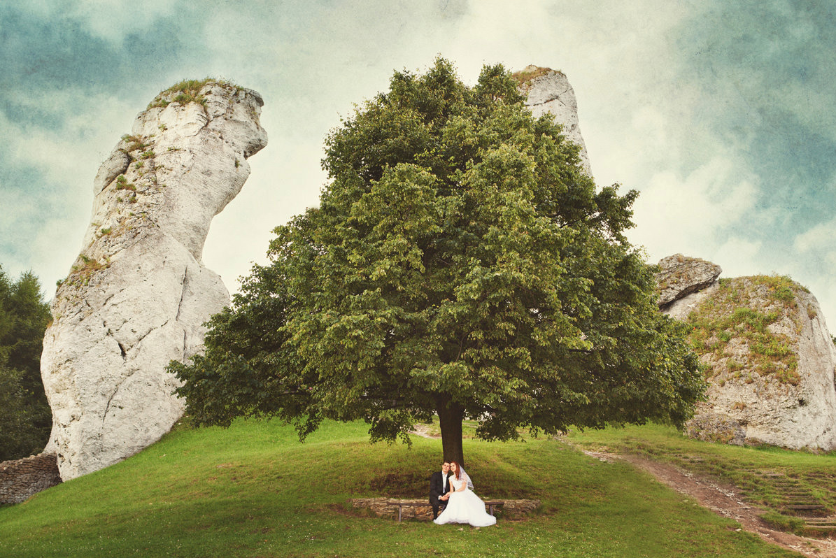 Para młoda siedząca na kamiennej ławce pod rozłożystym drzewem na tle formacji skalnych w plenerze, delikatny retusz nadaje zdjęciu romantyczny charakter.