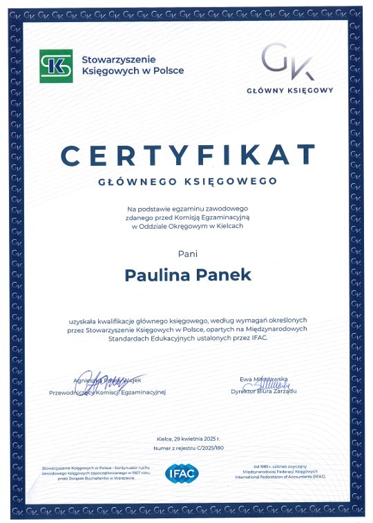 Certyfikat Głównej Księgowej Stowarzyszenia Księgowych w Polsce
