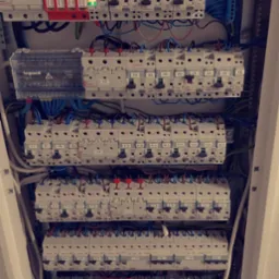 Rozdzielnica elektryczna z zainstalowanymi bezpiecznikami, zabezpieczeniami przeciwprzepięciowymi i okablowaniem, widok z góry na wnętrze szafy.