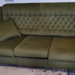 Odrestaurowana sofa w odcieniach zieleni z drewnianymi elementami, widoczna poduszka i pikowane oparcie, stojąca na wzorzystym dywanie.