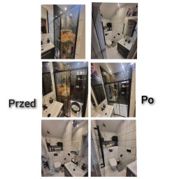 Firma sprzątająca ... I Pozamiatane Aleksandra Szolc - Porównanie 'przed' i 'po' czyszczeniu kabiny prysznicowej w Orzeszu, z widocznymi smugami i zabrudzeniami na szklanej powierzchni przed zabiegiem, a po - lśniąca czystość i przejrzystość.