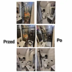 Porównanie 'przed' i 'po' czyszczeniu kabiny prysznicowej w Orzeszu, z widocznymi smugami i zabrudzeniami na szklanej powierzchni przed zabiegiem, a po - lśniąca czystość i przejrzystość.