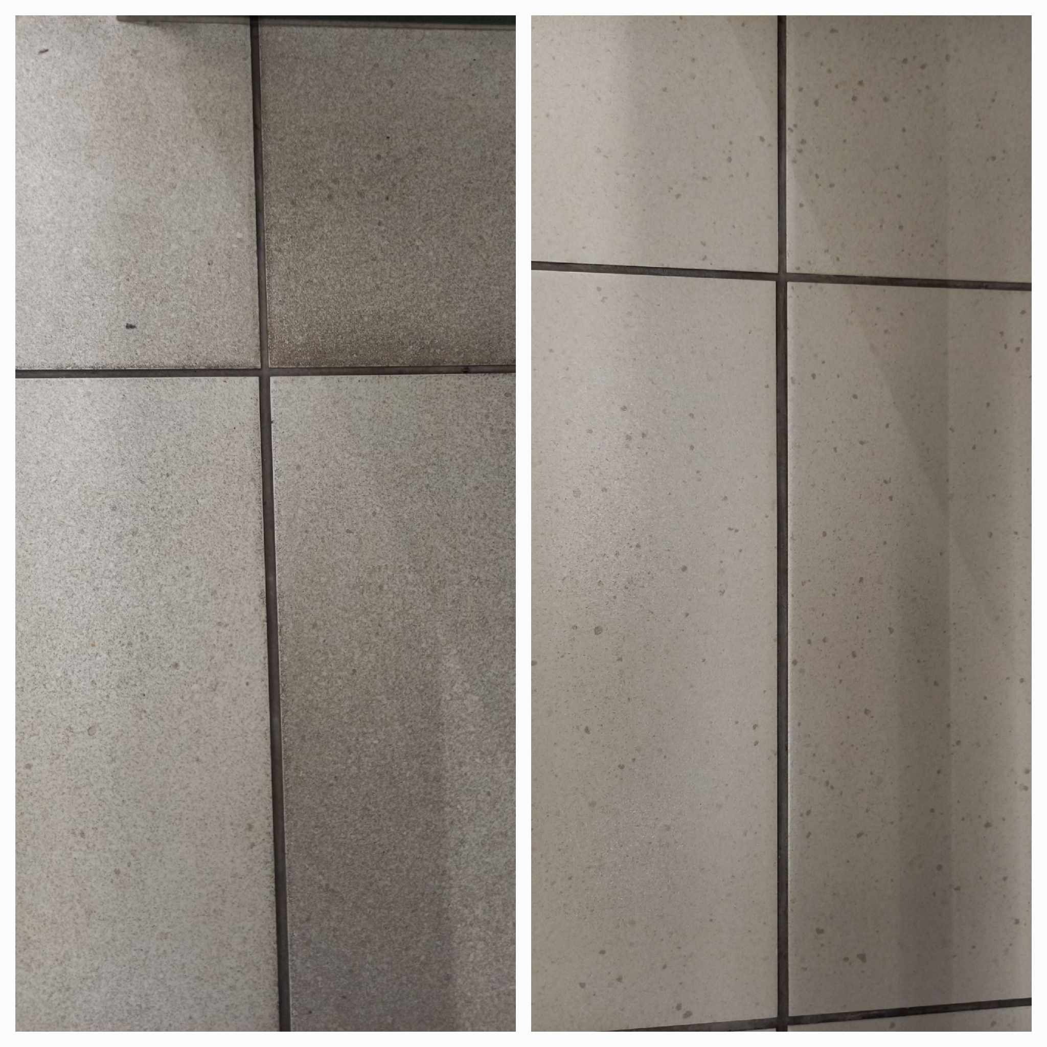 Porównanie płytek podłogowych przed i po czyszczeniu, ukazujące różnicę w kolorze i usunięcie zabrudzeń z fug.