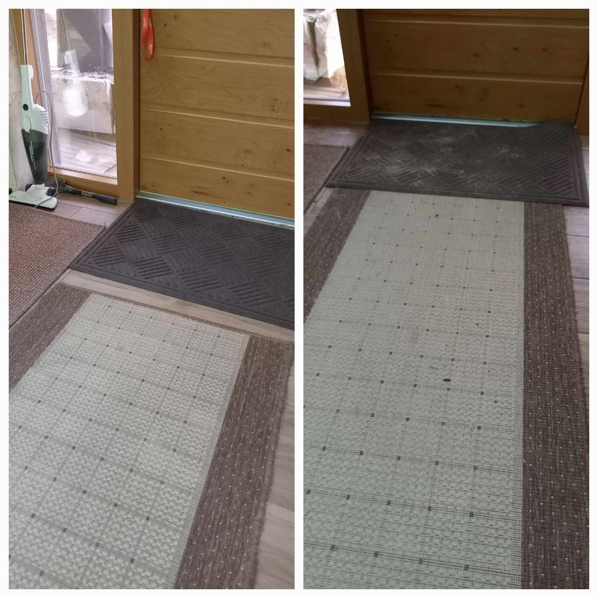 Porównanie dywaników wejściowych przed i po czyszczeniu, widoczny odkurzacz pionowy i ciemna wycieraczka z geometrycznym wzorem.