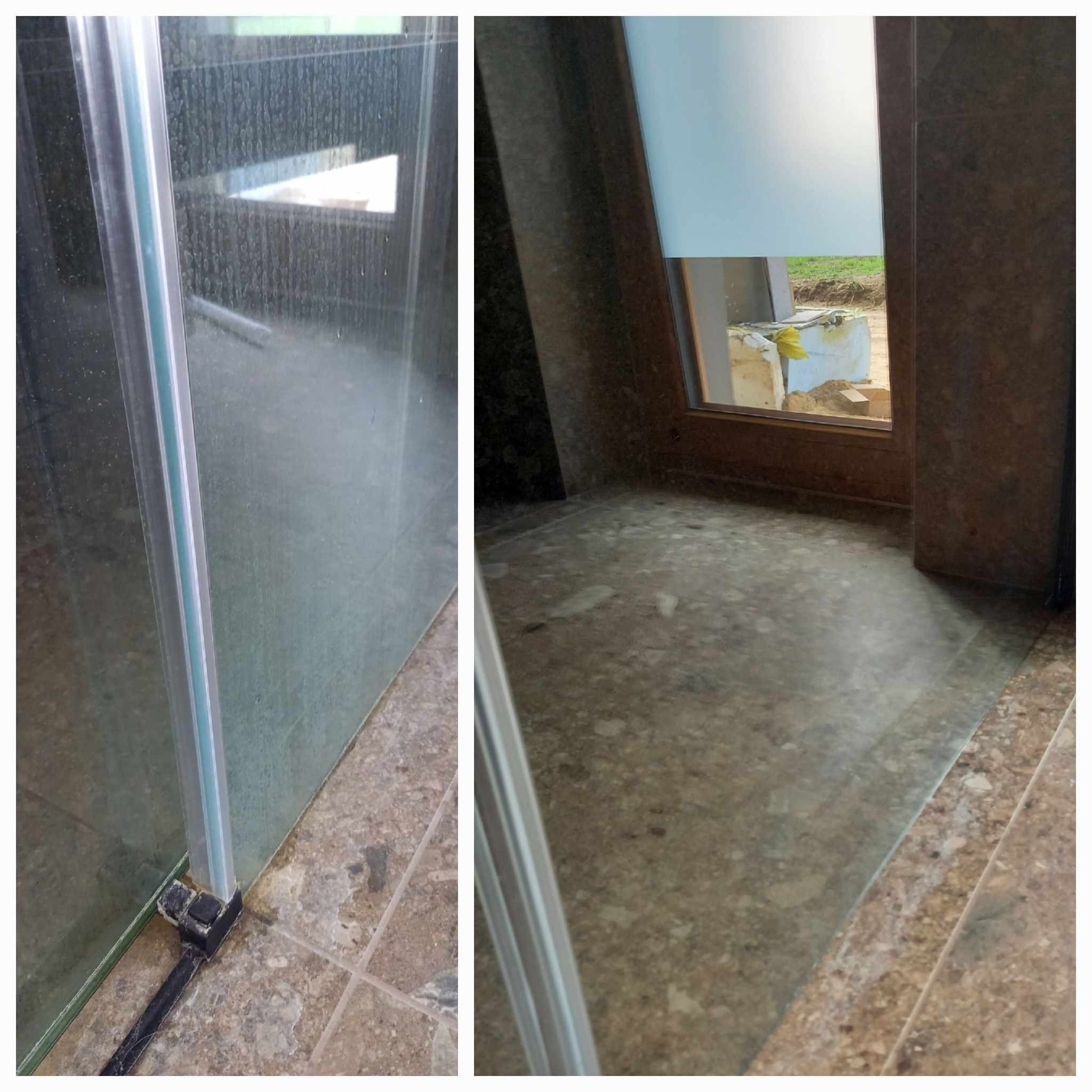 Porównanie: Brudna szyba prysznicowa z zaciekami i osadem kamiennym obok czystej podłogi z płytek po umyciu, widok z dołu.