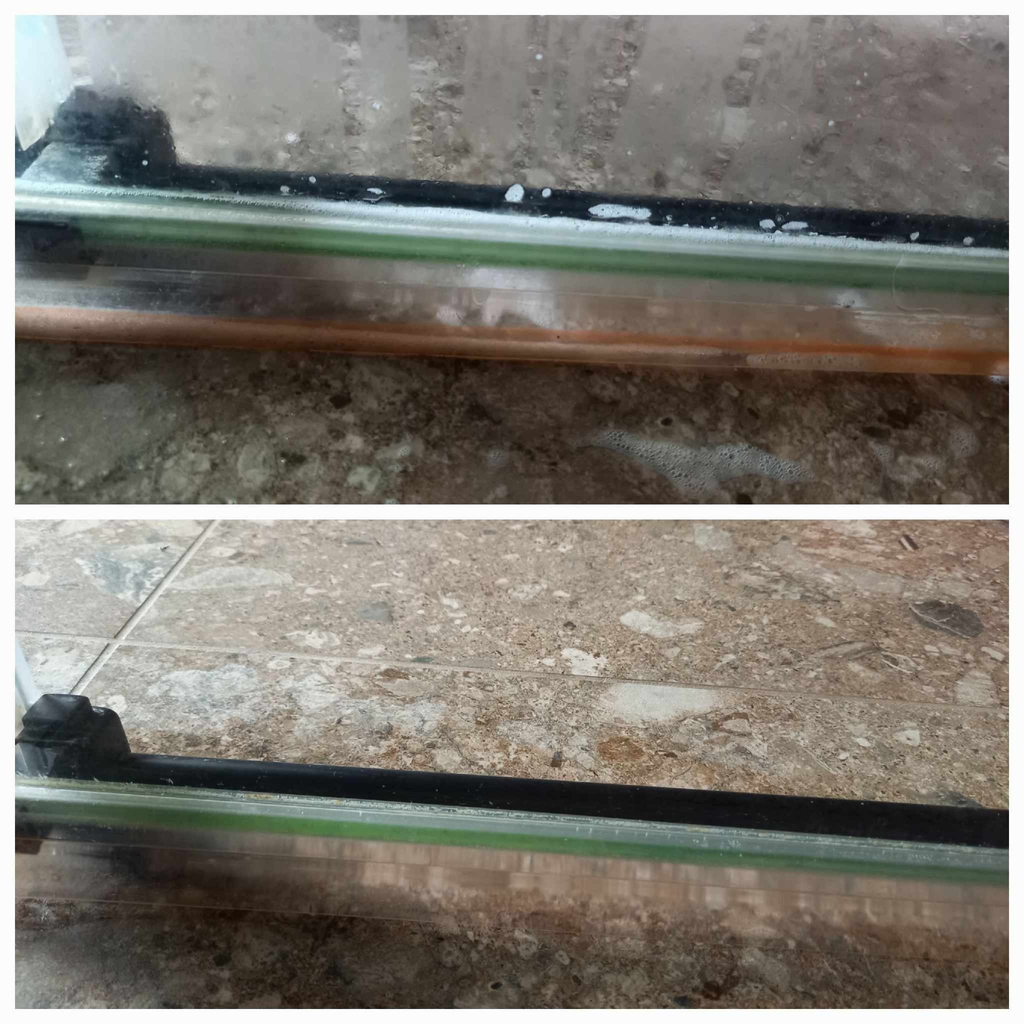 Porównanie stanu okna przed i po czyszczeniu, widoczne zacieki i piana z detergentu na górnym ujęciu, dolne ujęcie przedstawia okno po umyciu, na pierwszym planie fragment płytek podłogowych.