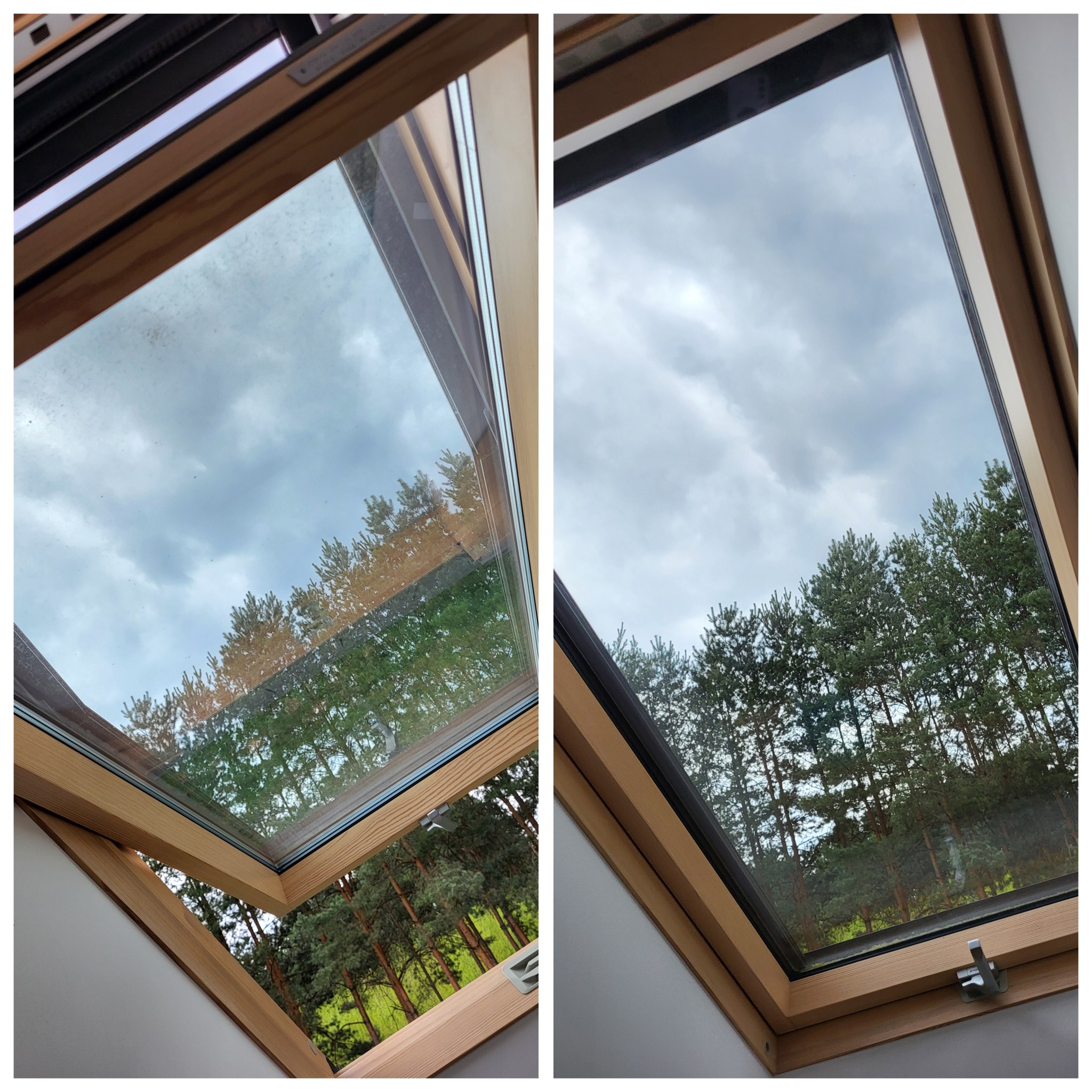 Porównanie okna dachowego przed i po umyciu: po lewej stronie zabrudzone, po prawej czyste, widok na pochmurne niebo i drzewa.