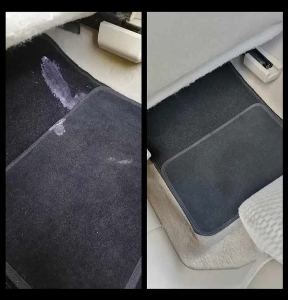 Czyszczenie dywanika samochodowego: widoczne plamy przed (po lewej) i efekt po czyszczeniu (po prawej) z użyciem specjalistycznych środków.