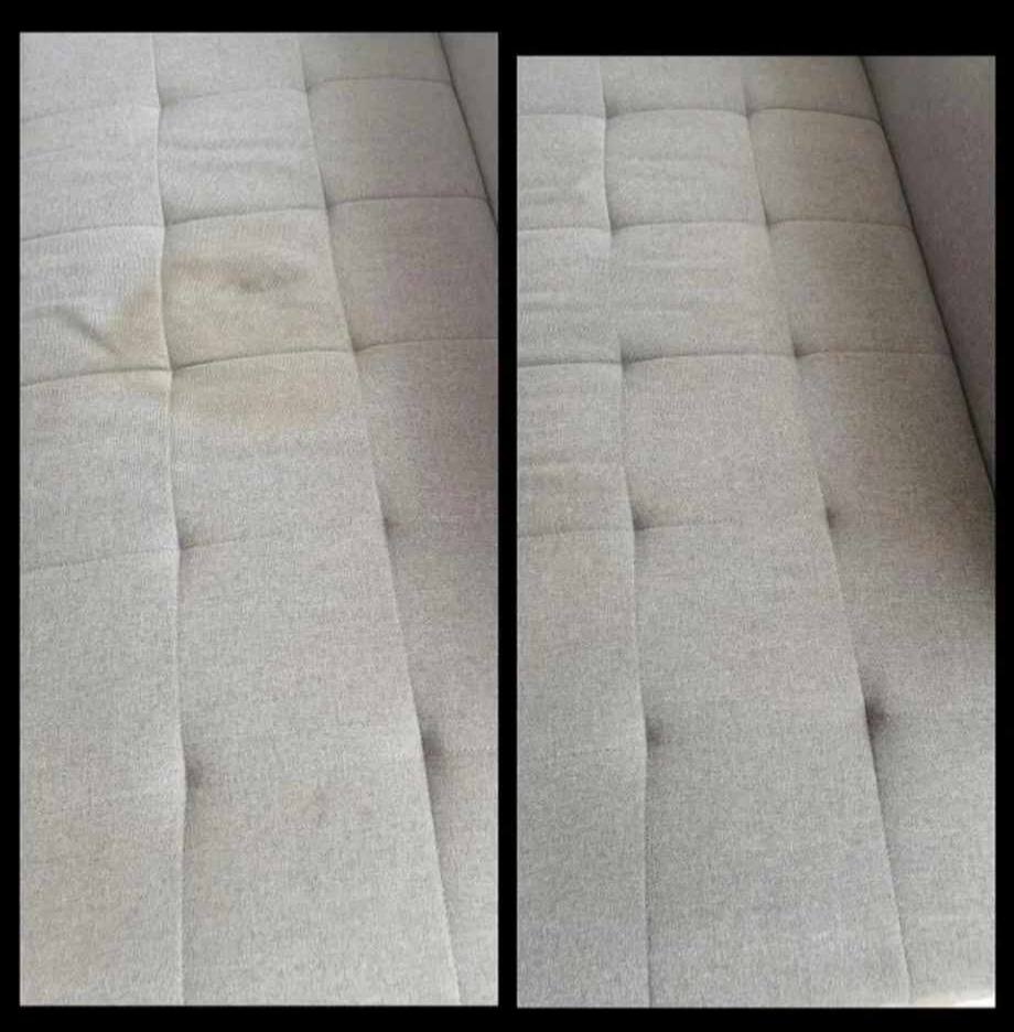 Porównanie fragmentu jasnoszarej tapicerki meblowej przed i po czyszczeniu, widoczna wyraźna różnica w usunięciu plamy.