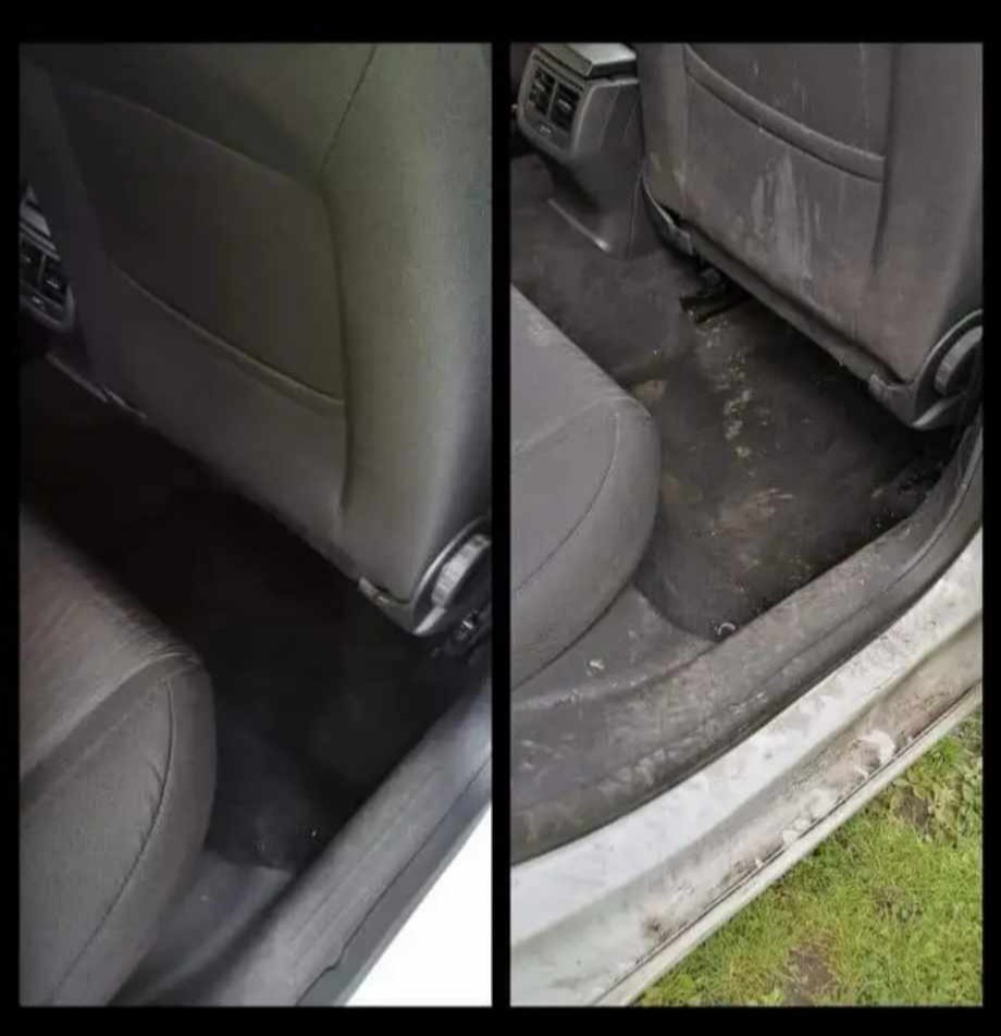 Porównanie: wyczyszczone (po lewej) i zabrudzone (po prawej) wnętrze samochodu, widoczne fotele i podłoga z wyraźnymi śladami błota i zanieczyszczeń.