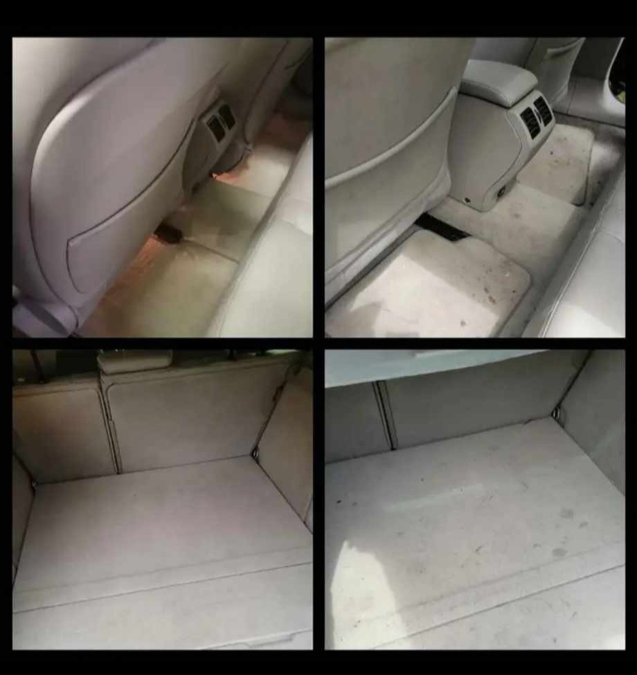 Kolaż czterech ujęć wnętrza samochodu przed czyszczeniem: tylne siedzenia i bagażnik z widocznymi zabrudzeniami na jasnej tapicerce.
