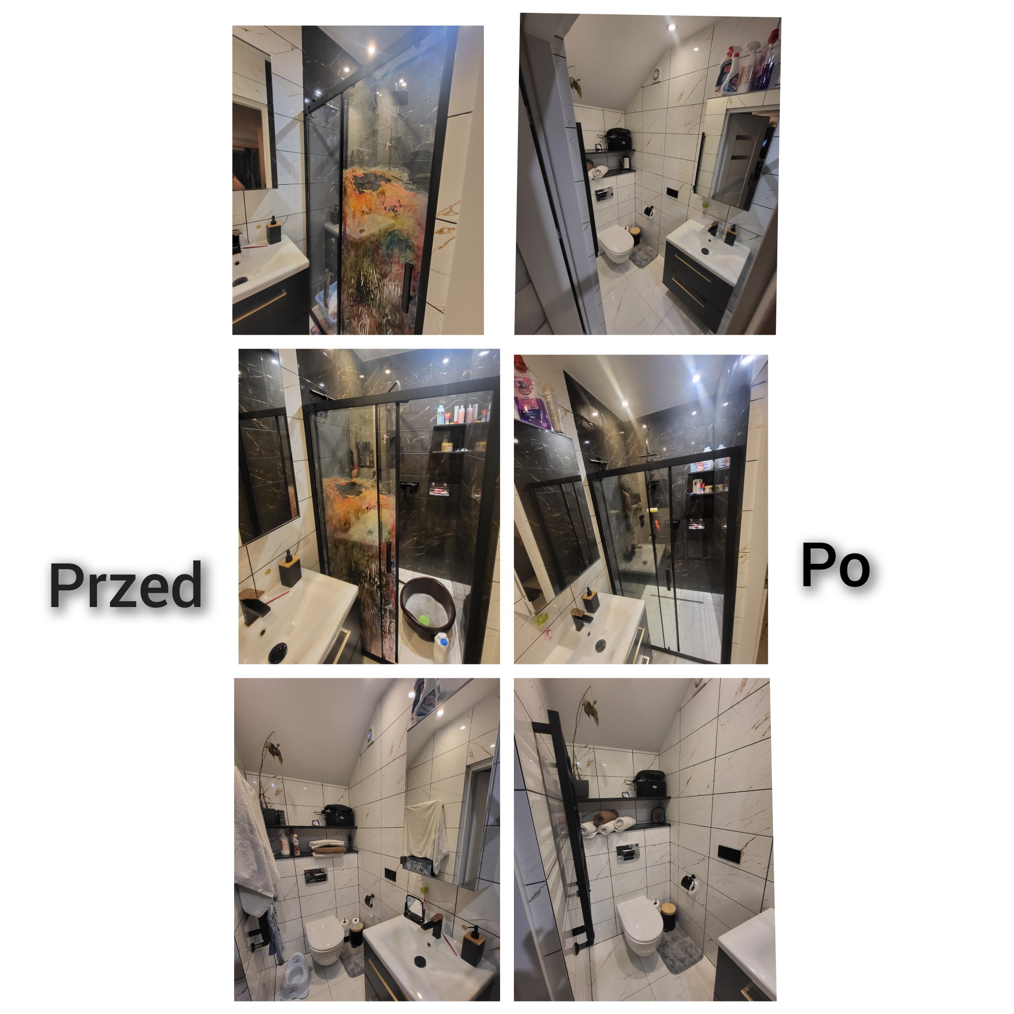 Porównanie 'przed' i 'po' czyszczeniu kabiny prysznicowej w Orzeszu, z widocznymi smugami i zabrudzeniami na szklanej powierzchni przed zabiegiem, a po - lśniąca czystość i przejrzystość.