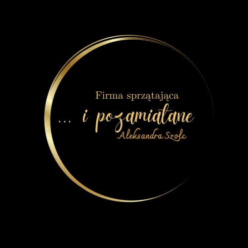 Eleganckie logo firmy sprzątającej '...i pozamiatane' Aleksandry Szolc. Złoty okrąg na czarnym tle, napis stylizowany na odręczny.