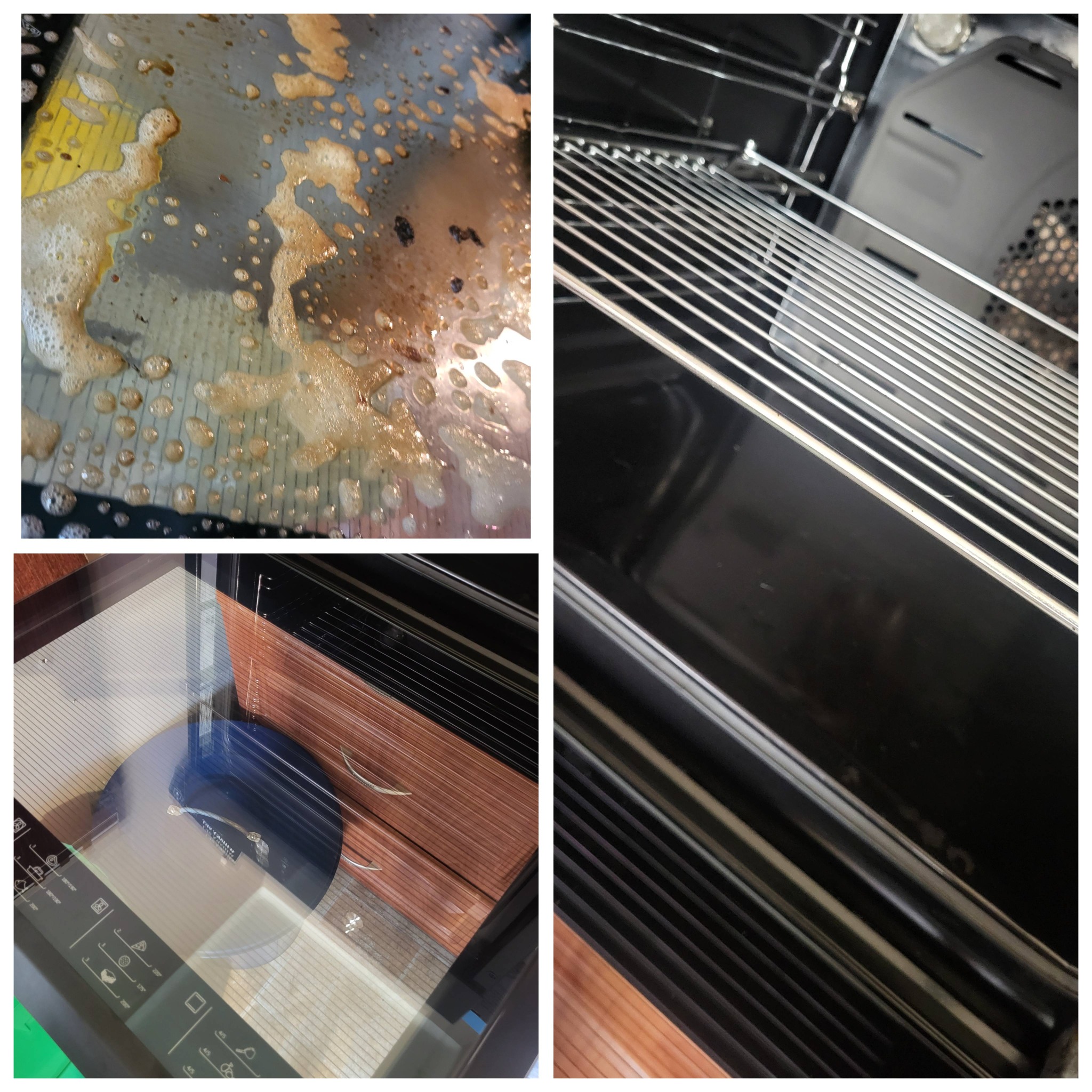 Kolaż: brudna blacha z pianą czyszczącą, czyste wnętrze piekarnika z rusztem i widok na wnętrze piekarnika przez szybę z panelem sterowania.