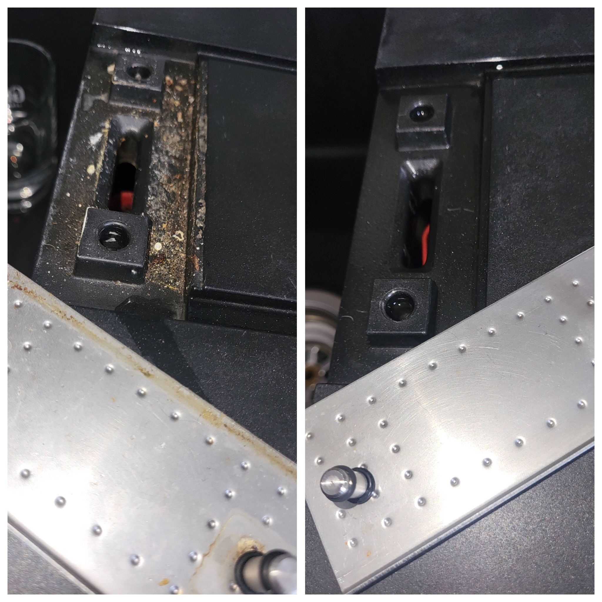 Zdjęcie 'przed i po' czyszczenia elementu ekspresu do kawy. Po lewej stronie widoczne zabrudzenia, po prawej czysty, metalowy element. Detaliczne ujęcie.