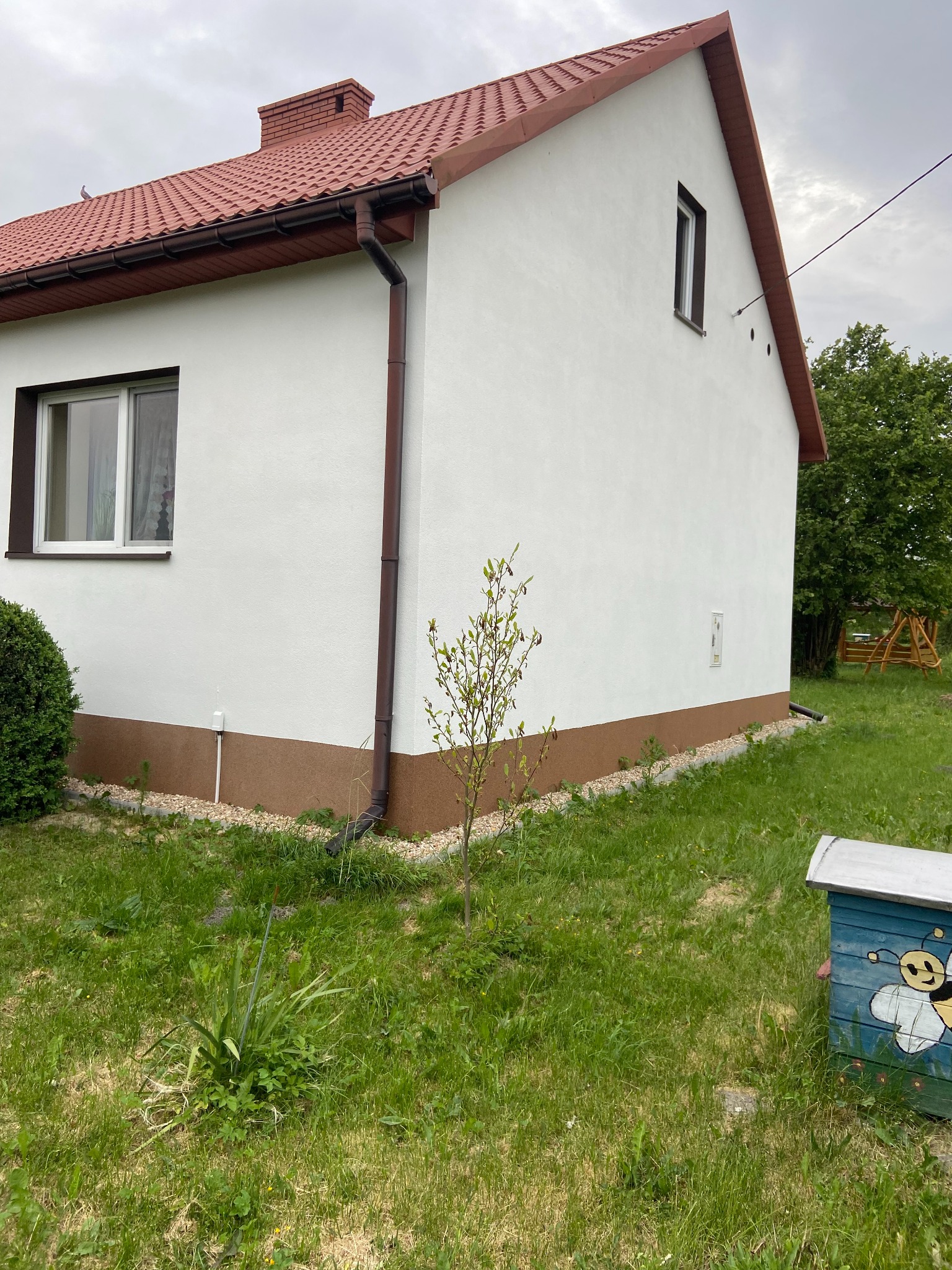 Świeżo otynkowany, biały dom z brązowym dachem i podmurówką, widok z boku na trawnik z młodym drzewkiem i pomalowanym ulem w tle.