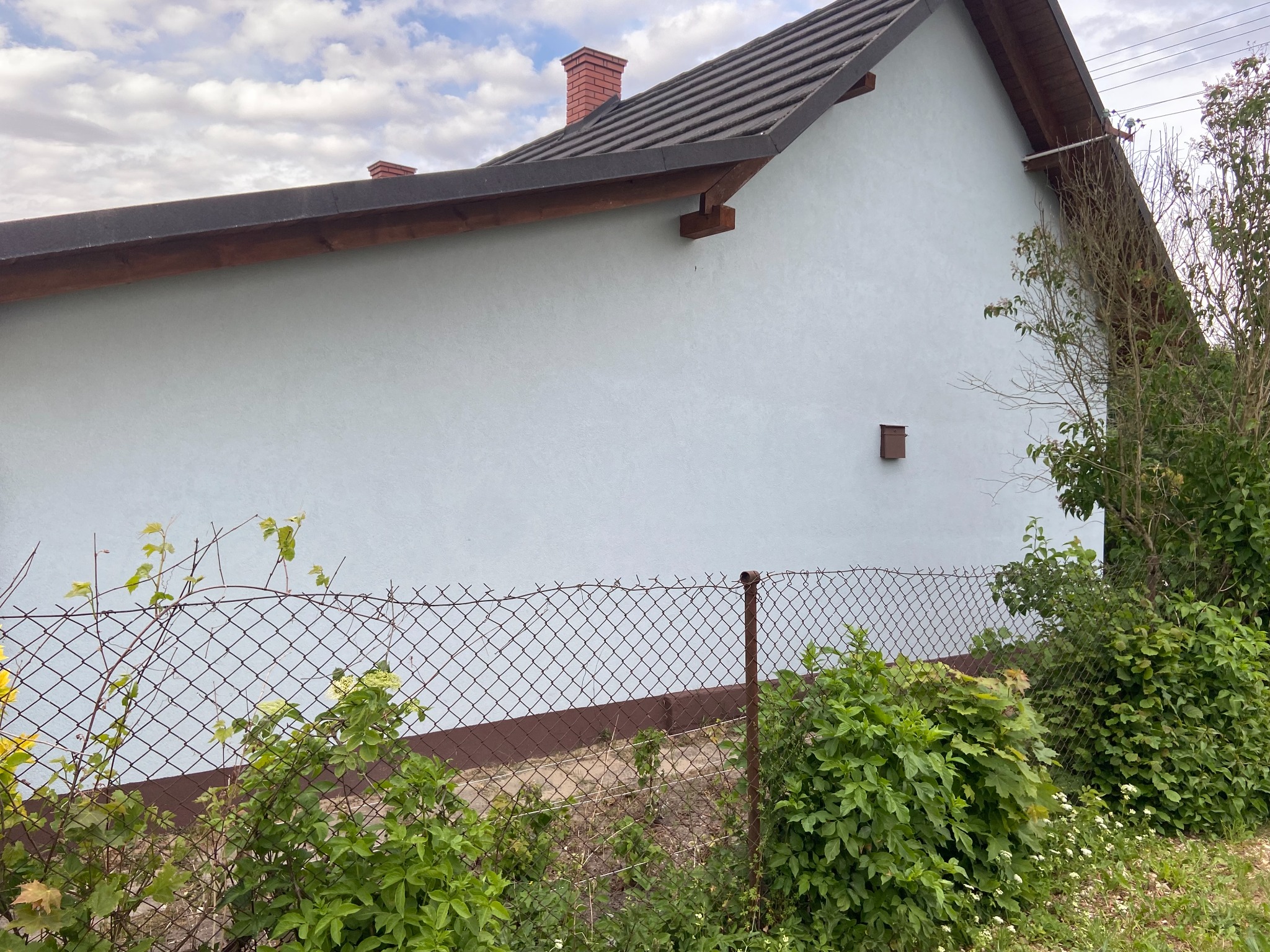 Jasna elewacja domu jednorodzinnego z brązowymi elementami wykończeniowymi, widoczna zza metalowej siatki ogrodzeniowej porośniętej roślinnością.