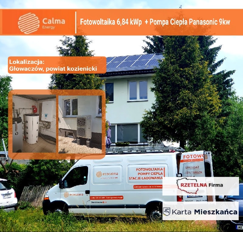 Dom z panelami słonecznymi na dachu i zamontowaną na zewnątrz jednostką klimatyzacji, widok na instalację wewnętrzną z zasobnikiem, oraz samochód dostawczy firmy z reklamą instalacji...