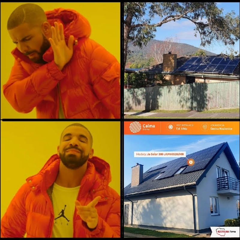 Meme z Drake'iem zestawiający dwa zdjęcia: jedno z instalacją paneli słonecznych na dachu domu w tle z górą, a drugie z nowoczesną instalacją fotowoltaiczną na nowym domu z logo firmy Rzetelna Firma.