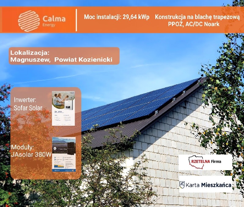 Instalacja fotowoltaiczna na dachu domu jednorodzinnego w słoneczny dzień, widoczne panele, informacja o mocy instalacji (29,64 kWp), inwerterze (Sofar Solar) i modułach (JA Solar 380W)...